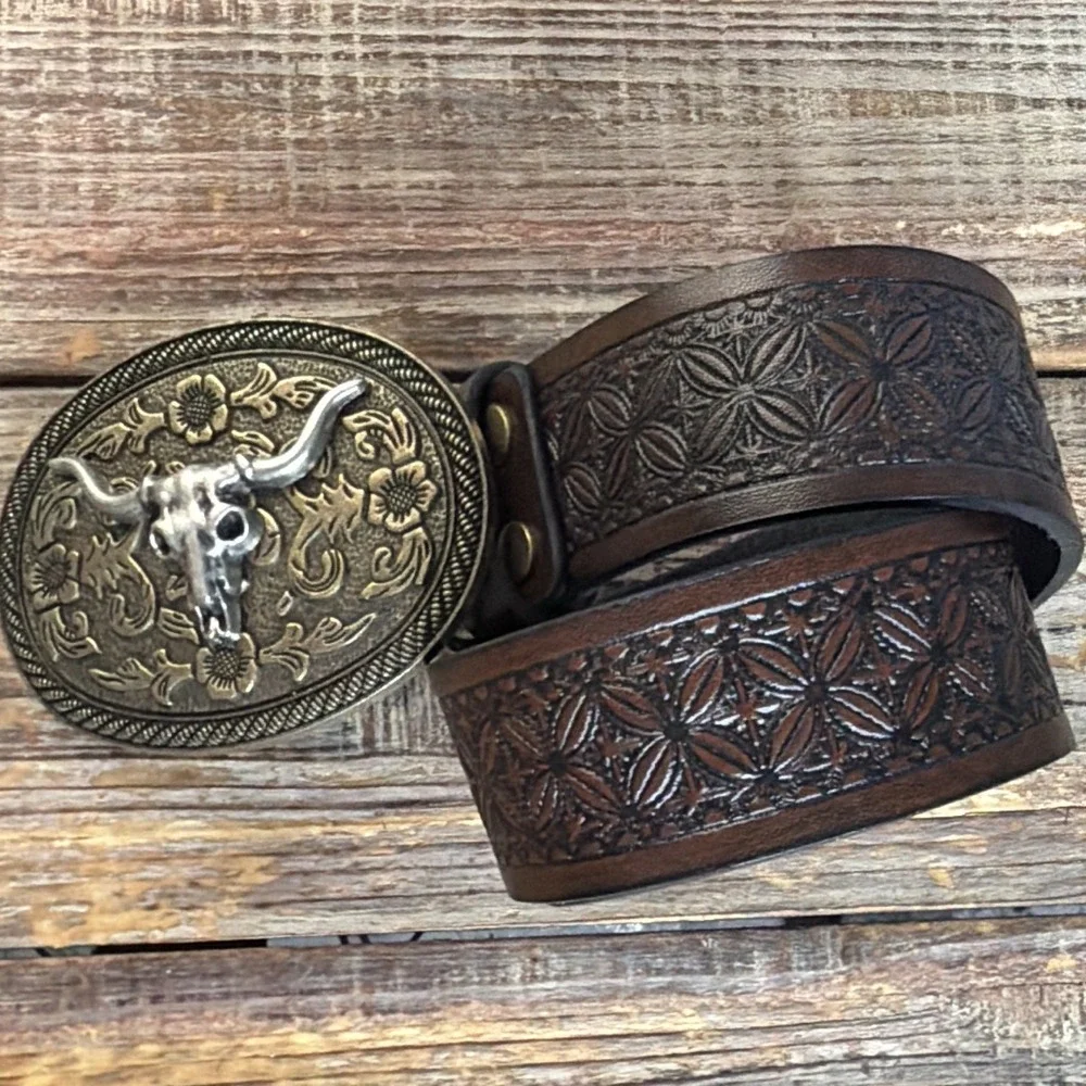 Western Americana Tooled Brown Leather Belt w/ Oval Longhorn Steer Head Buckle